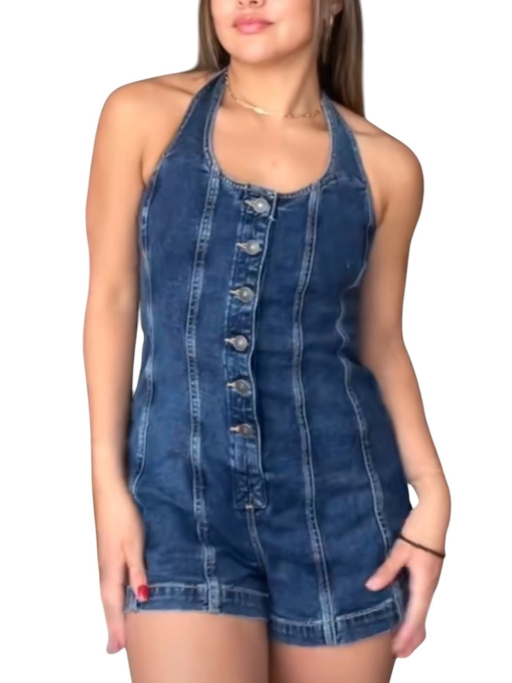 American Eagle Halter Denim Blue Button Up Romper NEW